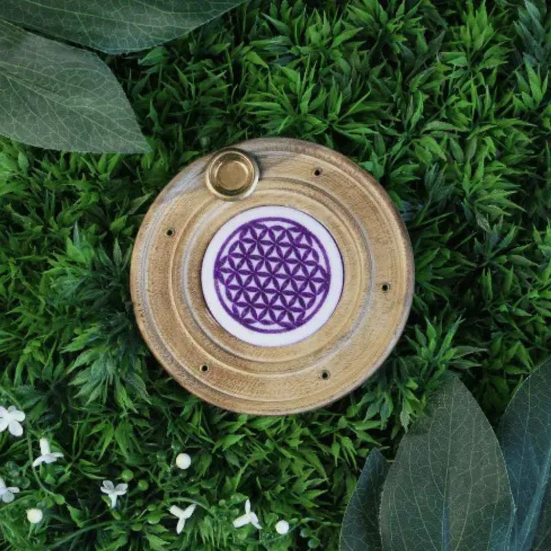 Brûleur d'encens en bois Fleur de Vie violette