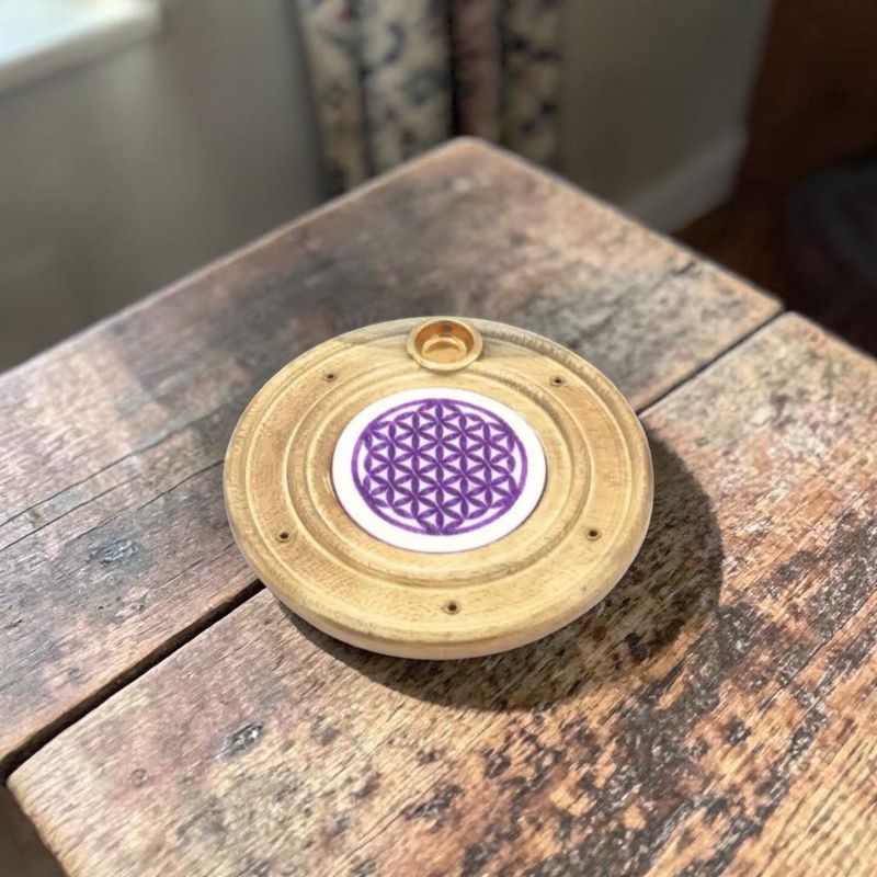 Brûleur d'encens en bois Fleur de Vie violette