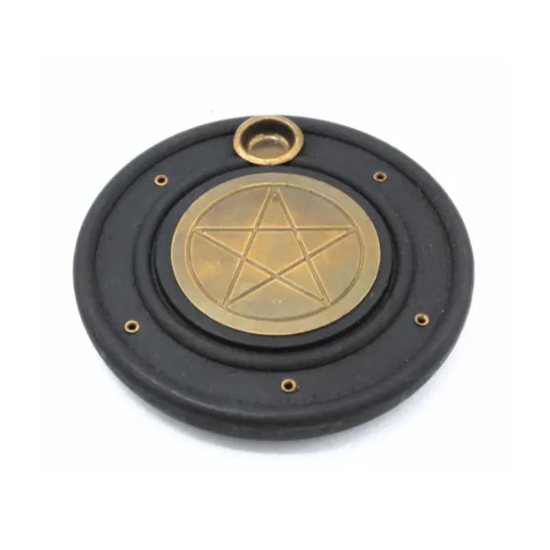 Brûleur d'encens en bois de manguier avec pentagramme en laiton