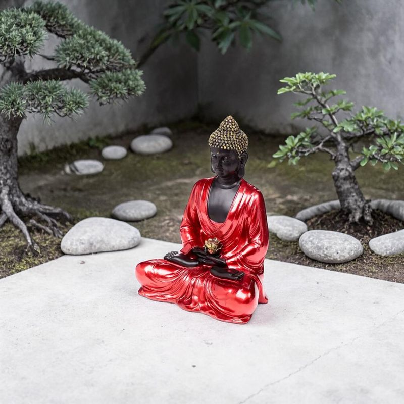 Bouddha thaï méditant rouge, noir et doré lotus