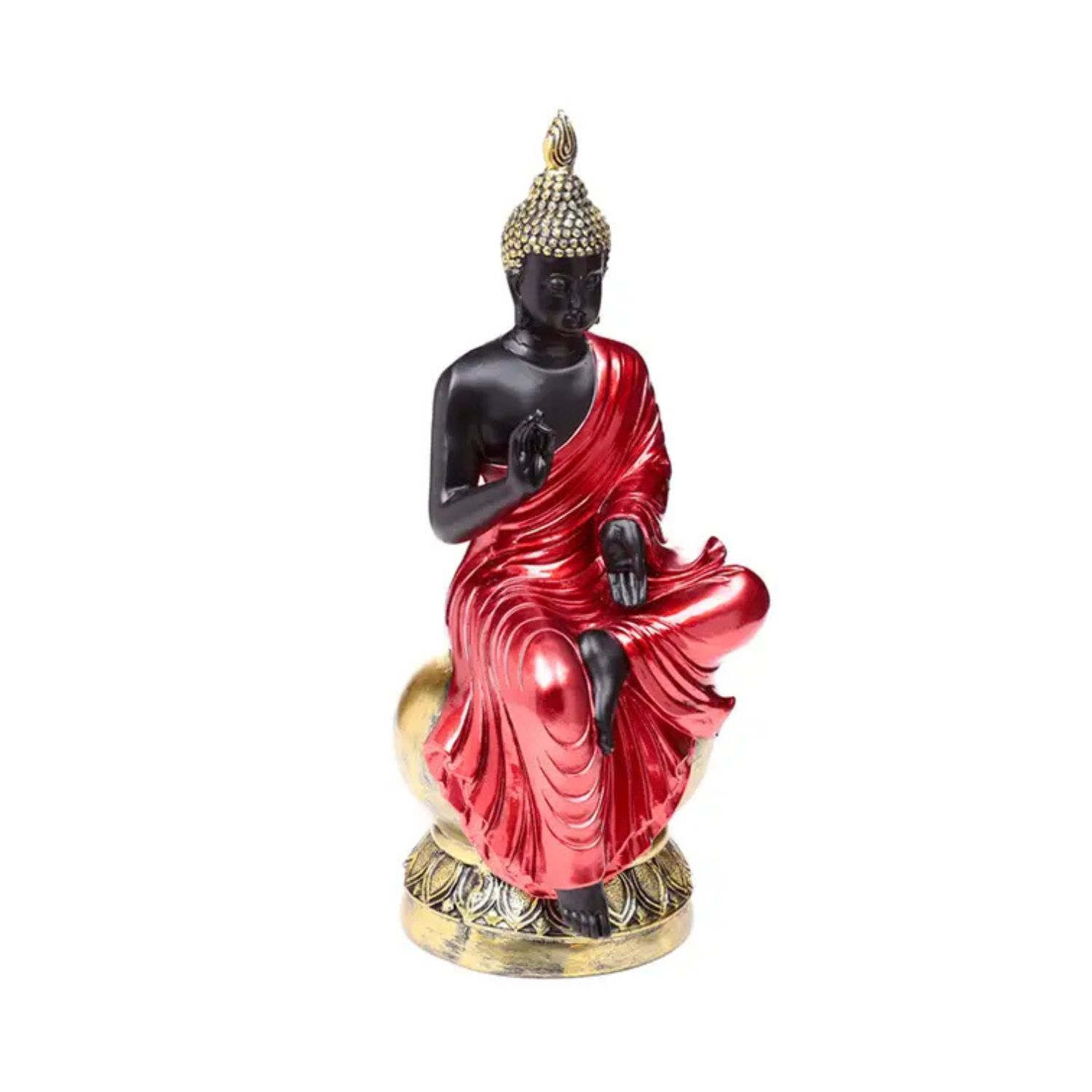 Bouddha thaï éveil rouge, noir et doré sur socle doré