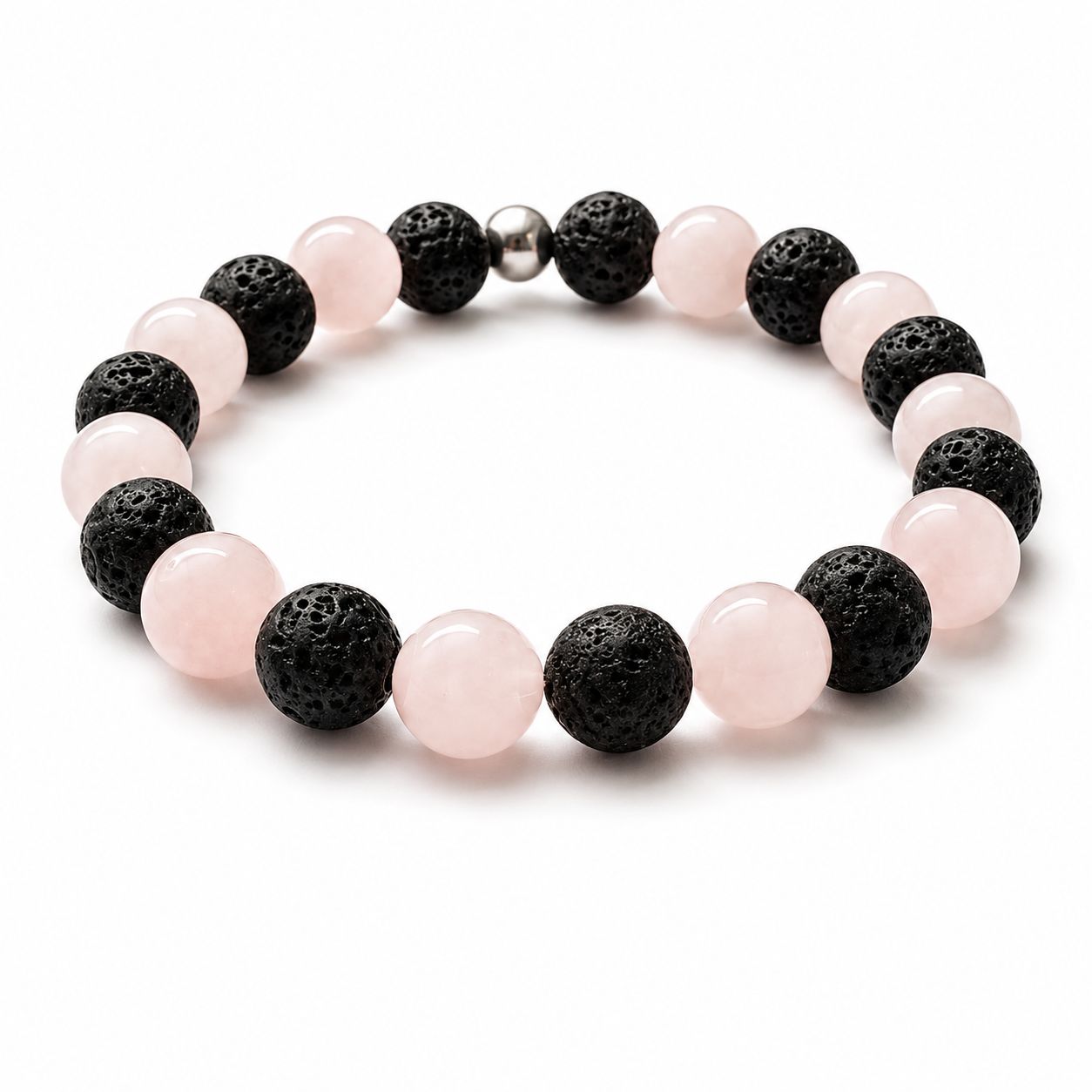 Bracelet en quartz rose 8 mm avec perles noires texturées sur fond blanc