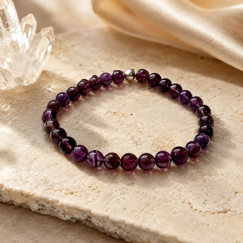 Bracelet améthyste 6 mm présenté sur une pierre claire avec décor lumineux