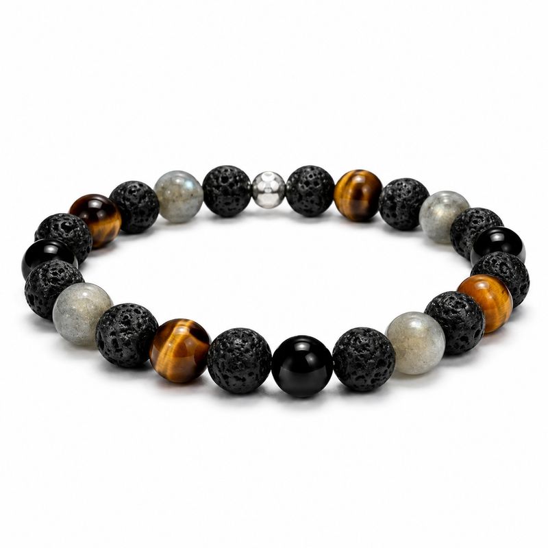 Bracelet labradorite œil de tigre et tourmaline noire 8 mm sur fond blanc