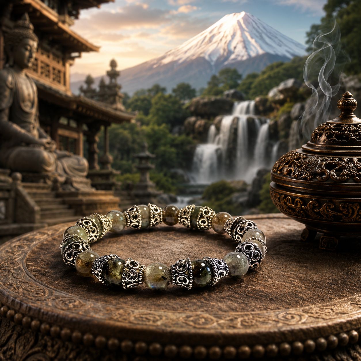 Bracelet en labradorite – Perles 8 mm Bracelet labradorite 8 mm présenté dans une ambiance spirituelle et minérale