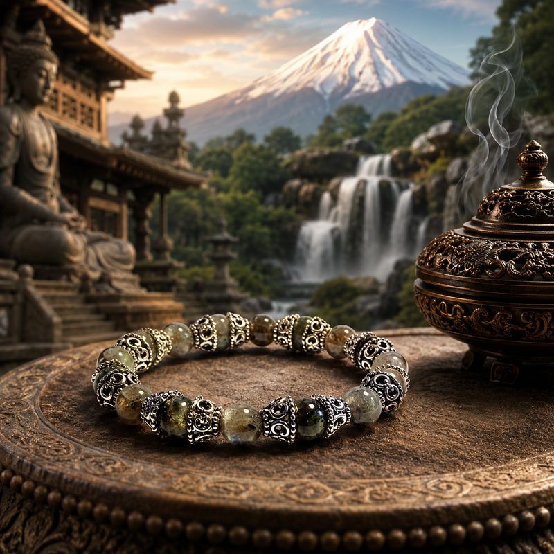 Bracelet labradorite 8 mm présenté dans une ambiance spirituelle et minérale