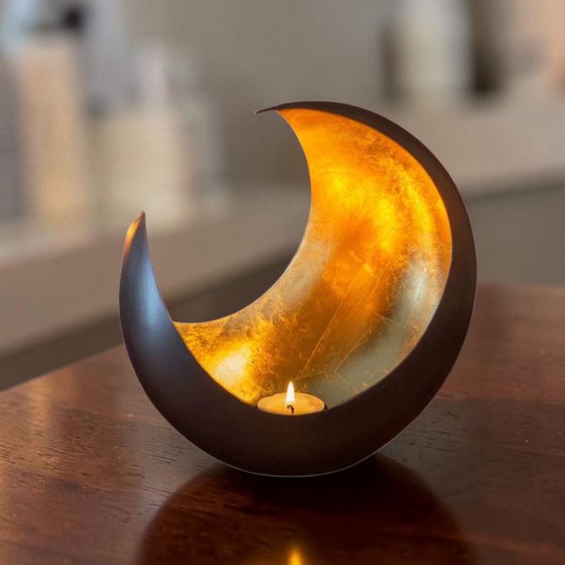 Photophore croissant de lune noir et doré pour bougie chauffe-plat - Diamètre: 18 cm