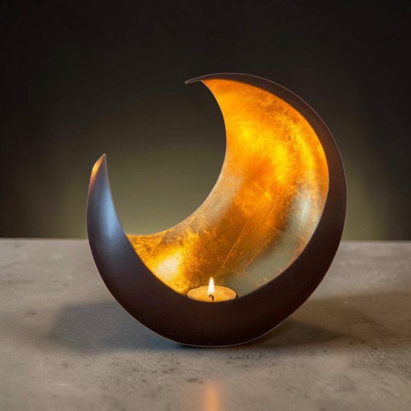 Photophore croissant de lune noir et doré pour bougie chauffe-plat - Diamètre: 18 cm