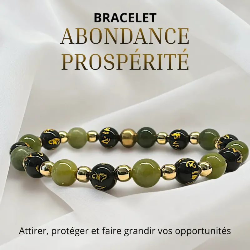 Bracelet Abondance Prospérité en Jade néphrite et Obsidienne mantra 6 mm