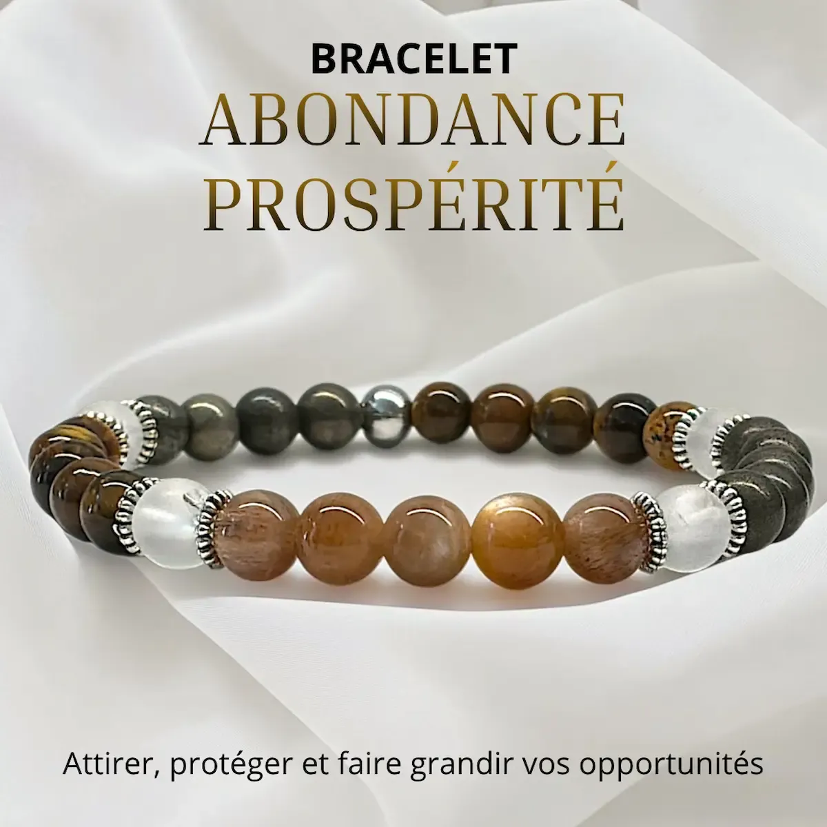 Bracelet Abondance &amp; Prospérité en Pyrite, Œil de Tigre, Pierre de Soleil et Quartz