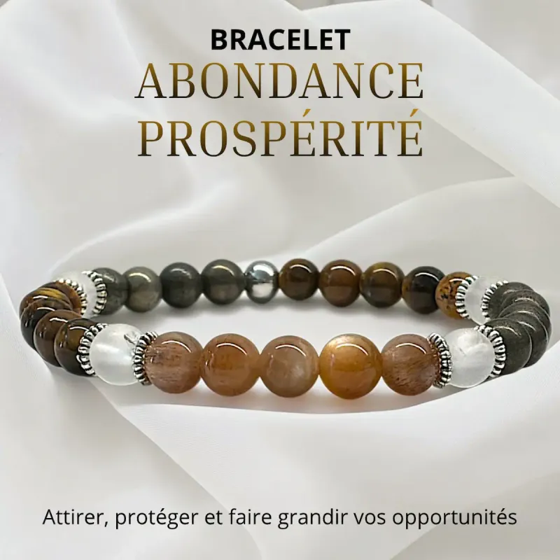 Bracelet Abondance &amp; Prospérité en Pyrite, Œil de Tigre, Pierre de Soleil et Quartz