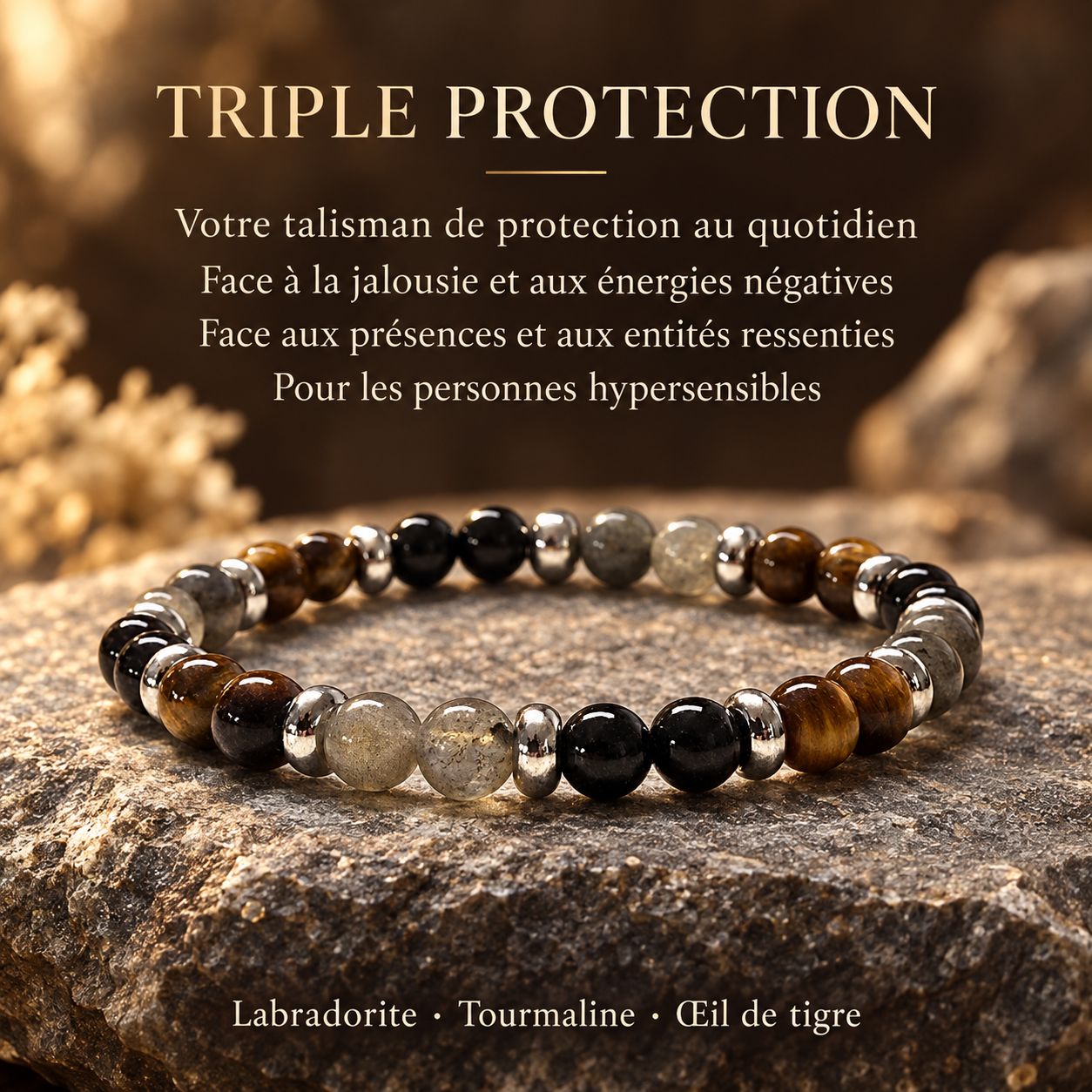 Bracelet Triple protection - Oeil de tigre, Labradorite et tourmaline noir en perles 6 mm ou en perles 8 mm