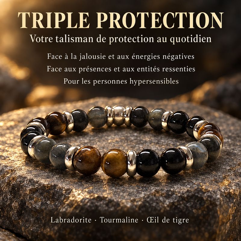 Bracelet Triple protection - Oeil de tigre, Labradorite et tourmaline noir en perles 6 mm ou en perles 8 mm