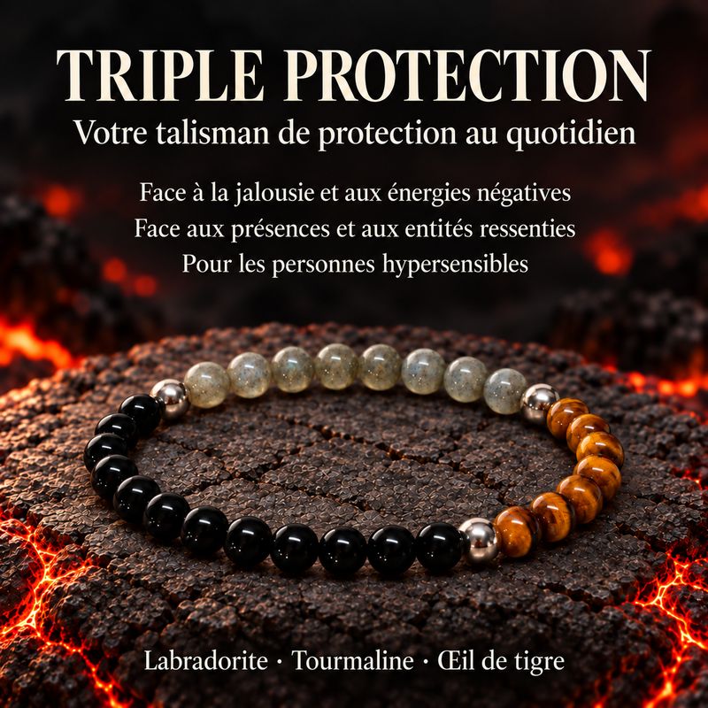 Bracelet Triple protection - Oeil de tigre, Labradorite et tourmaline noir Bracelet Triple protection - Oeil de tigre, Labradorite et tourmaline noir en perles 6 mm ou en perles 8 mm