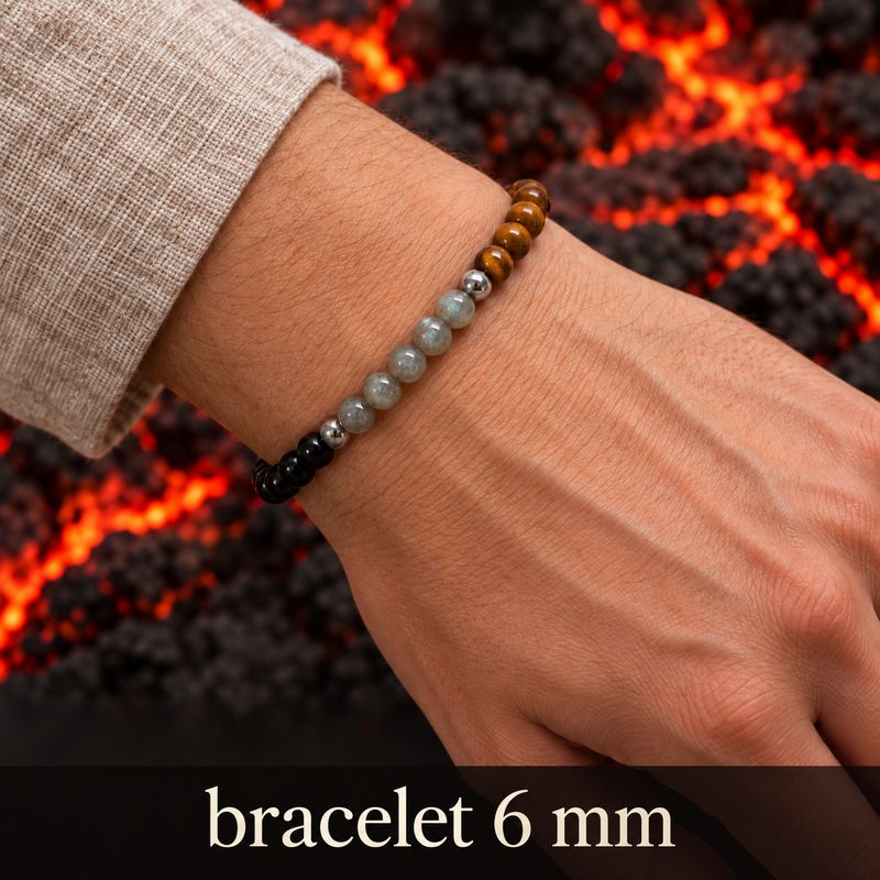 Bracelet Triple protection - Oeil de tigre, Labradorite et tourmaline noir en perles 6 mm ou en perles 8 mm