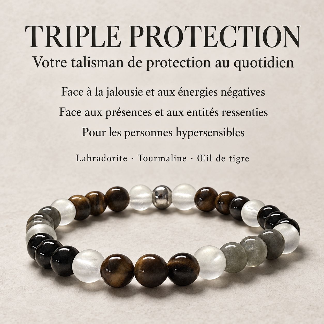 Bracelet Triple protection - Oeil de tigre, Labradorite et tourmaline noir