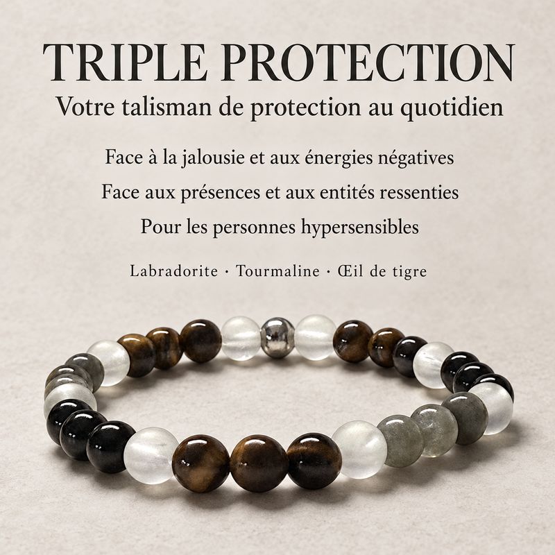 Bracelet Triple protection - Oeil de tigre, Labradorite et tourmaline noir Bracelet Triple protection - Oeil de tigre, Labradorite et tourmaline noir
