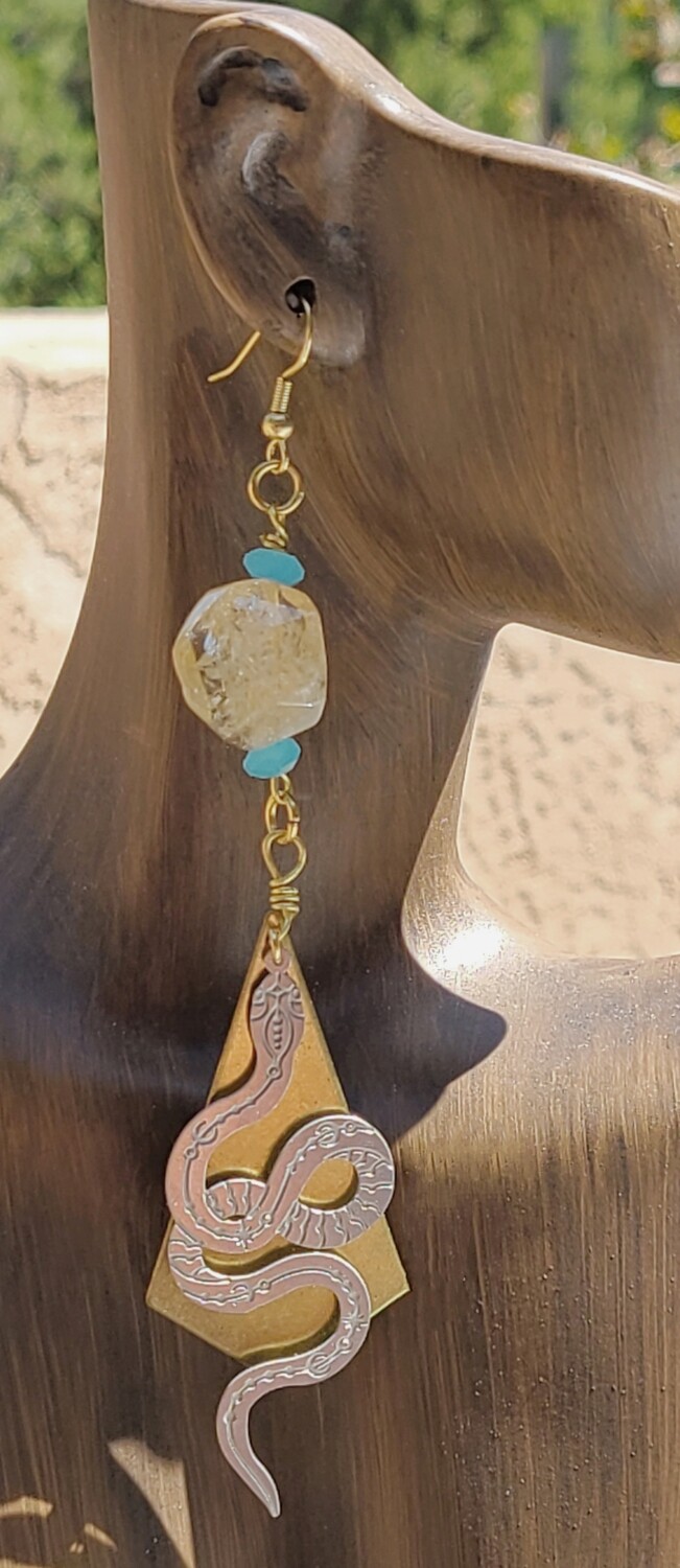 Citrine rock &amp; blue chalcedony with snakes and brass findings