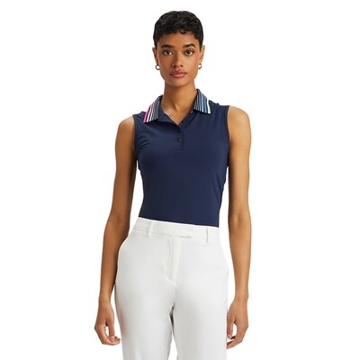 G/FORE Women’s Pleated Contrast Collar Silky Tech Nylon Sleeveless Polo