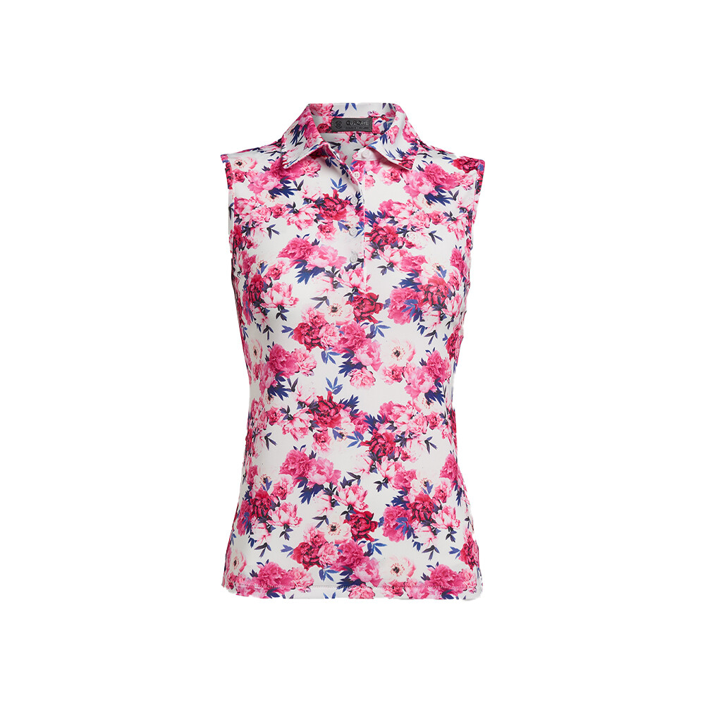 G/FORE Women’s Photo Floral Stretch Tech Jersey Sleeveless Polo (Snow), SIZES: XS (Extra Small)