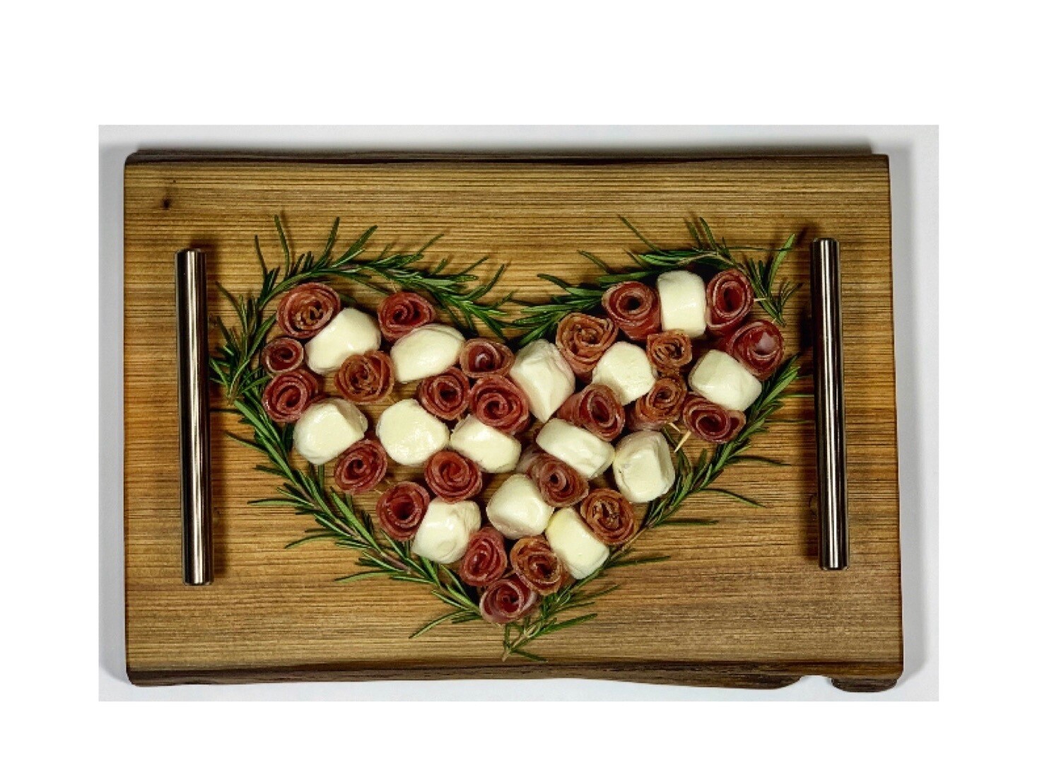 THIS ITEM IS SOLD - Charcuterie Board / Cheese Board / Serving Tray - 8” x 12” with Live Edge and stainless steel handles