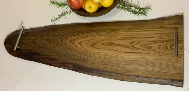 THIS ITEM IS SOLD - Charcuterie Board / Cheese Board / Serving Tray - 6 / 11&quot; x 32&quot; with Live Edge and stainless steel handles