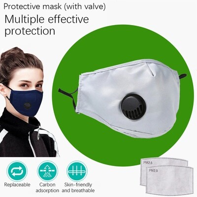 Gray Face Mask with breath valve plus two replaceable PM2.5 Filters. Washable and reusable.