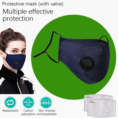 Navy Face Mask with breath valve plus two replaceable PM2.5 Filters. Washable and reusable.