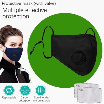 Black Face Mask with breath valve plus two replaceable PM2.5 Filters. Washable and reusable.