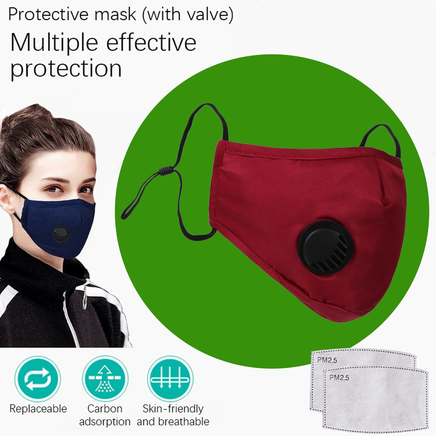 Red Face Mask with breath valve plus two replaceable PM2.5 Filters. Washable and reusable.