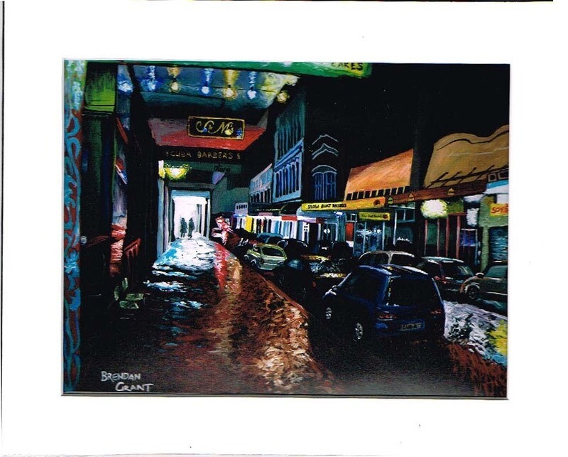 Wet Night on Cuba Street Looking North Print in a 8" x 10" mat frame