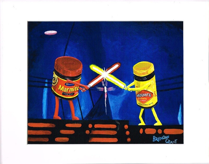 Jar Wars- Marmite and Vegemite Light Sabre Fight in 11 by 14 inch mat