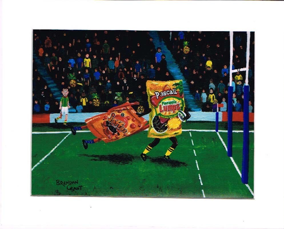 Pineapple Lumps and Jaffas Rugby Match in 8 by 10 inch mat