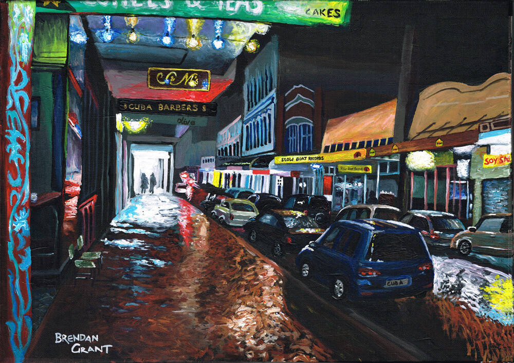 A3 Print of Cuba Street Wet Night looking North