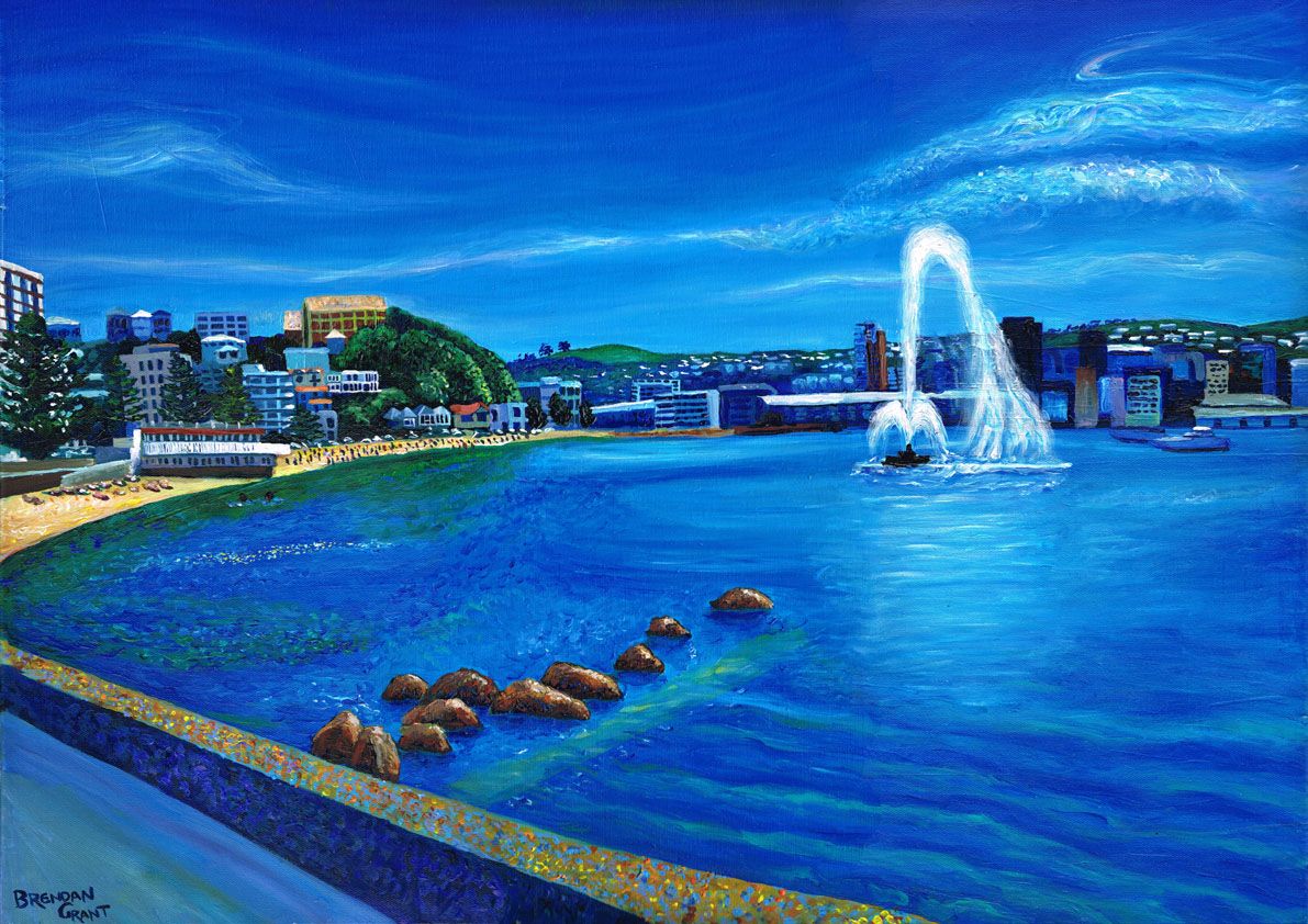 A3 Print of 2024 Painting Looking Back at Oriental Bay and Wellington Waterfront