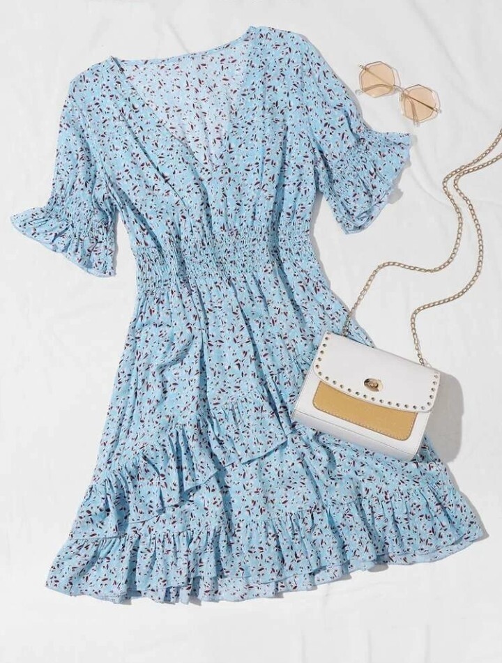 Ruffle Trim Shirred Waist Disty Floral Dress