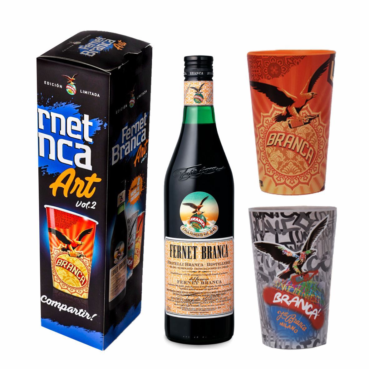 E. FERNET BRANCA 750cc +2 VASOS BRANCA 500cc x1un