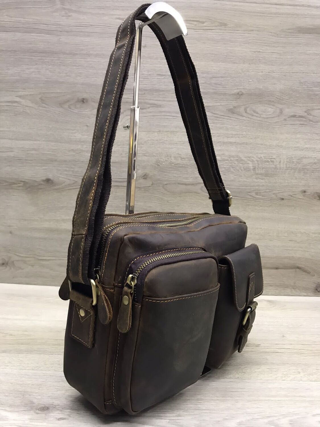 Multi Compartment Leather Messenger Shoulder Bag