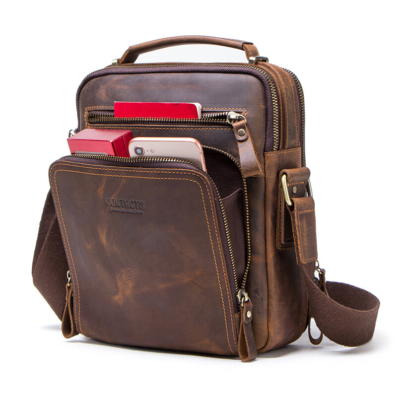 contact&#39;s wholesale vintage crazy horse leather adjustable webbing shoulder strap 7.9&quot; laptop men&#39;s clutch messenger bag leather