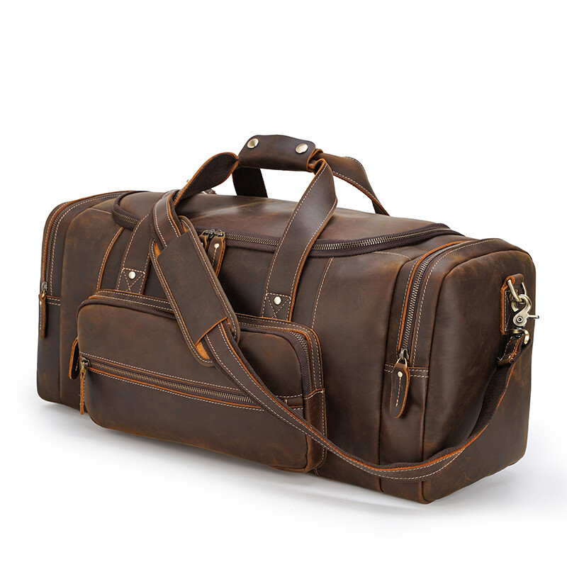 Large Capacity Vintage Brown Genuine Real Leather Garment Overnight Weekend Travel Bags Duffel Bag For Man