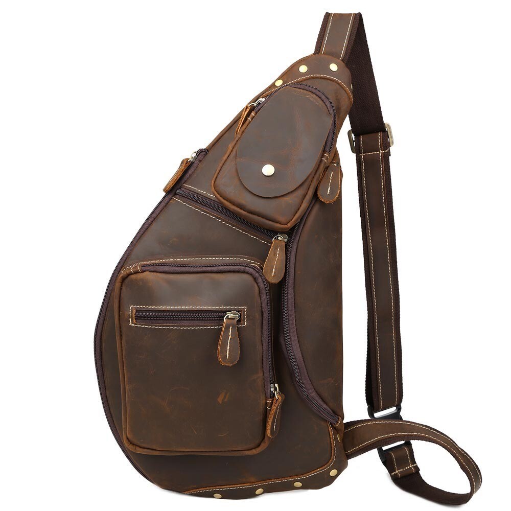 Men Dark Brown Vintage Genuine Leather Chest Pack Bag Brown Sling Crossbody Bags Wholesale
