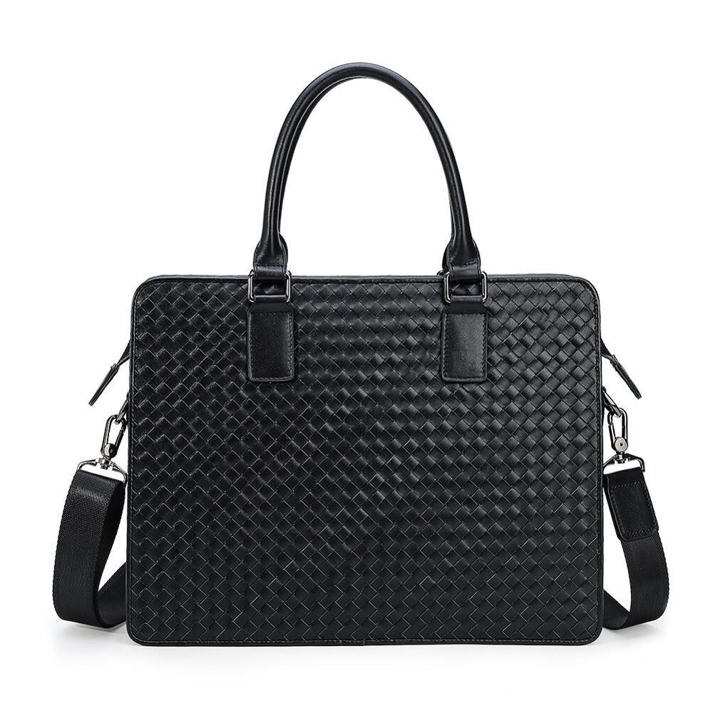 Stylish Handmade Men&#39;s Real Leather Briefcase Business Woven Tote Handbag Casual Shoulder Messenger Laptop Bag