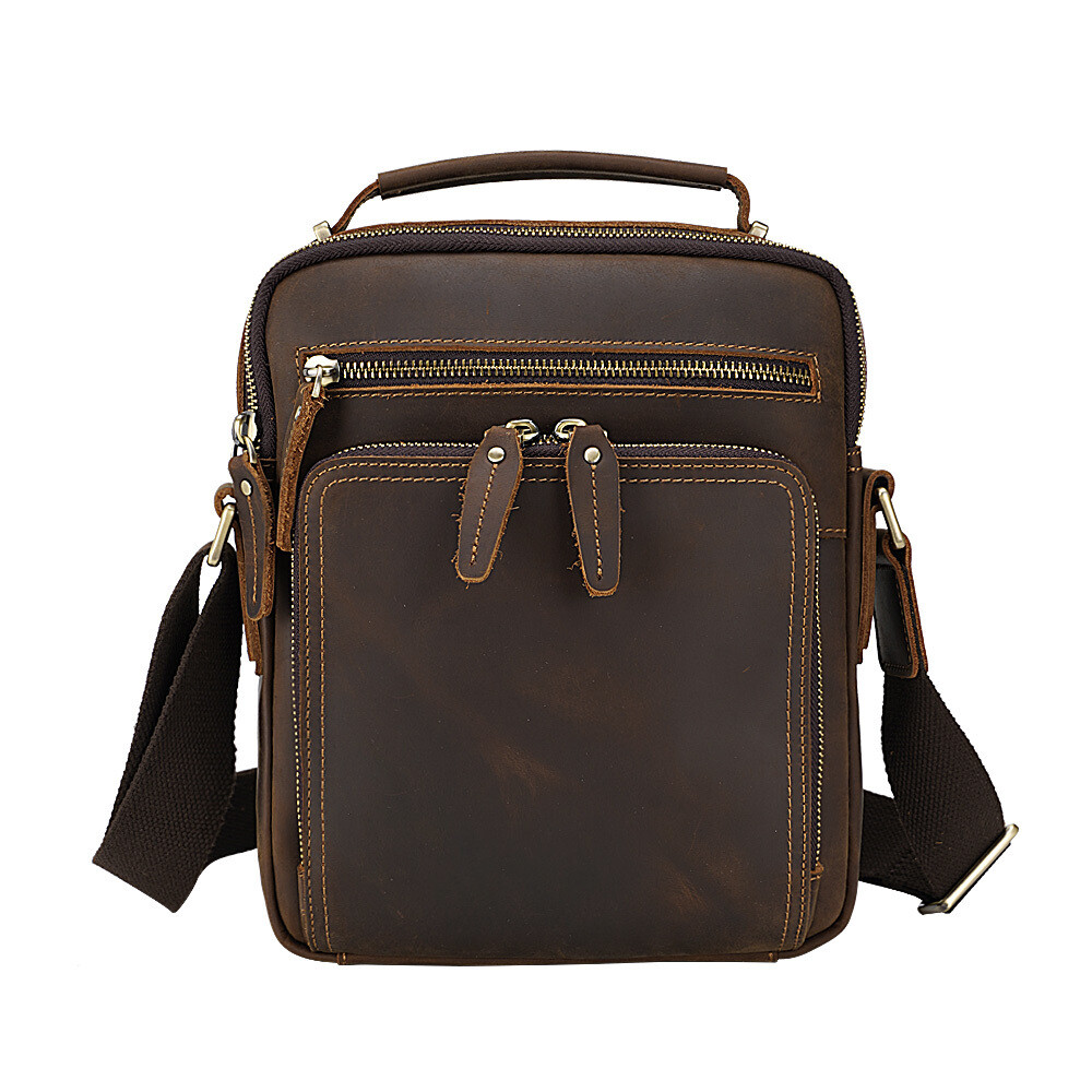 Vintage Men Brown Genuine Crazy Horse Leather Crossbody Satchel Shoulder Bag