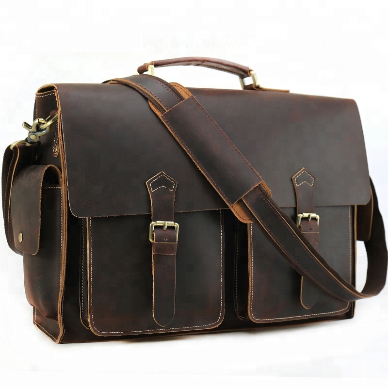 Vintage Men Large Capacity Genuine Cow Leather 17 inch Laptop Bag Briefcase