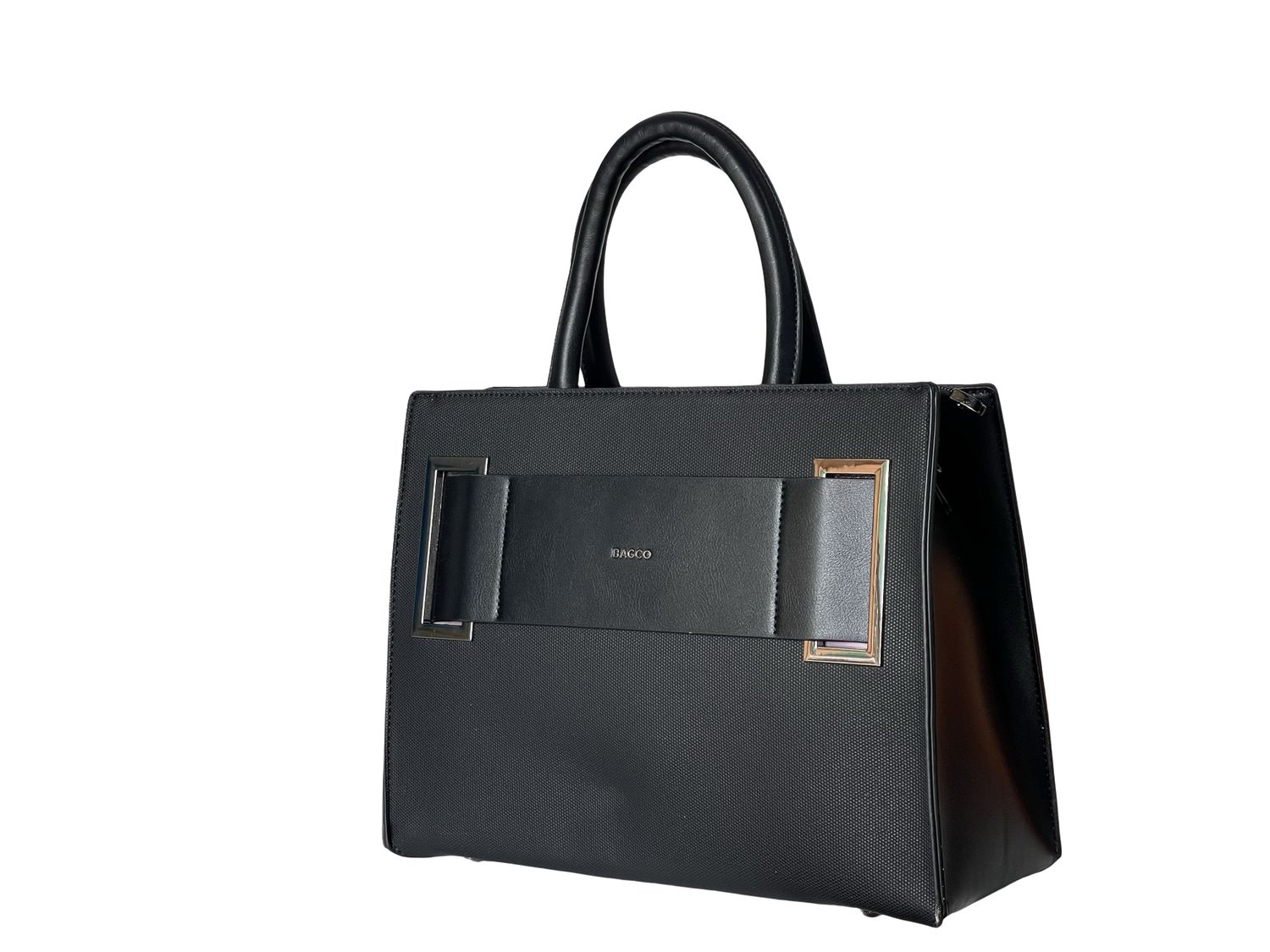 Elegant BAGCO Structured Black Handbag with Statement Front Detail