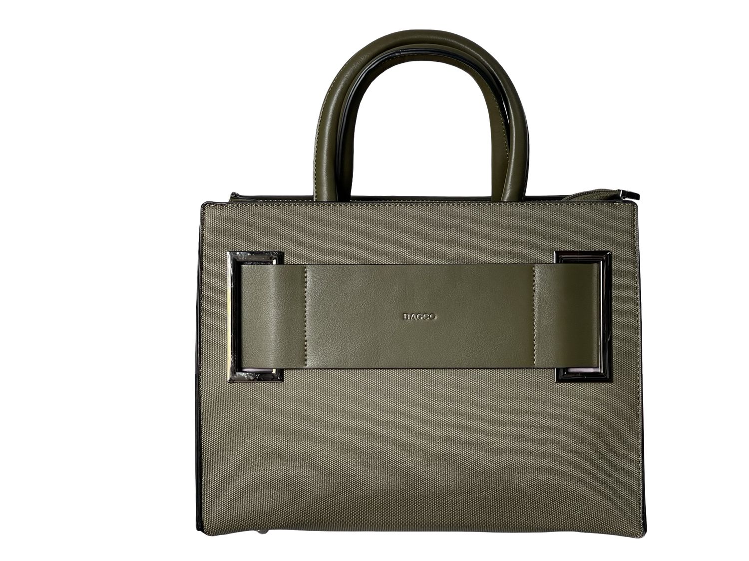 Elegant BAGCO Structured Military Green Handbag with Statement Front Detail