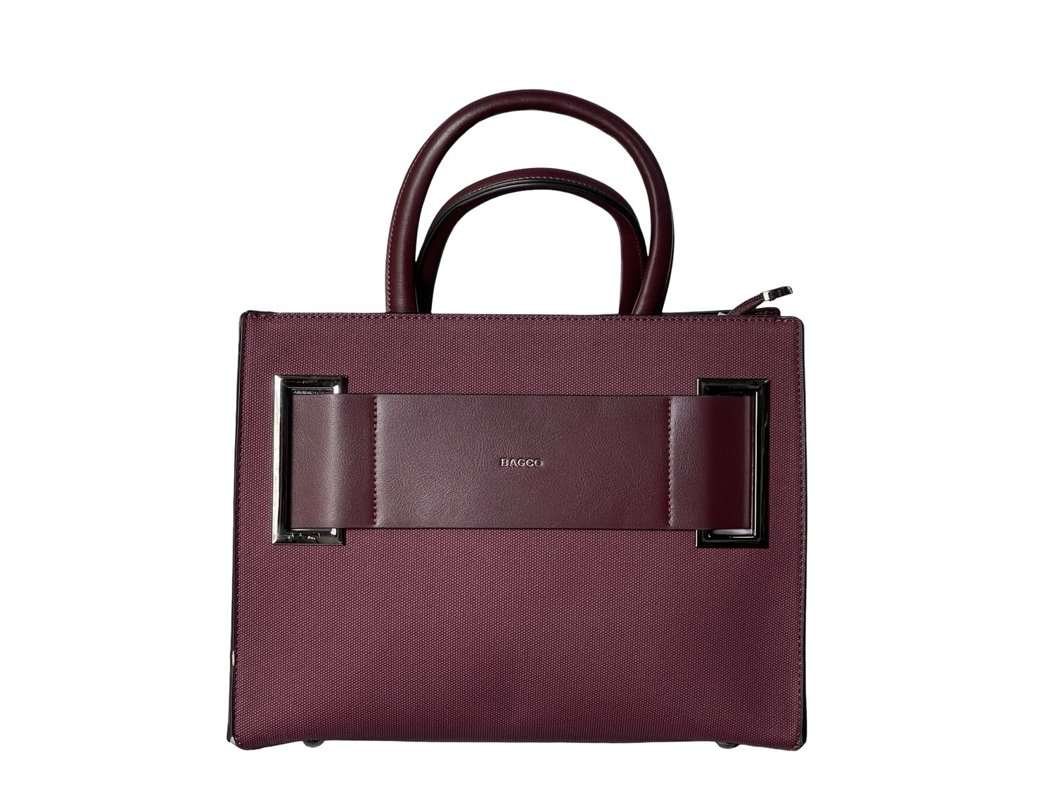 Elegant BAGCO Structured Wine Red Handbag with Statement Front Detail