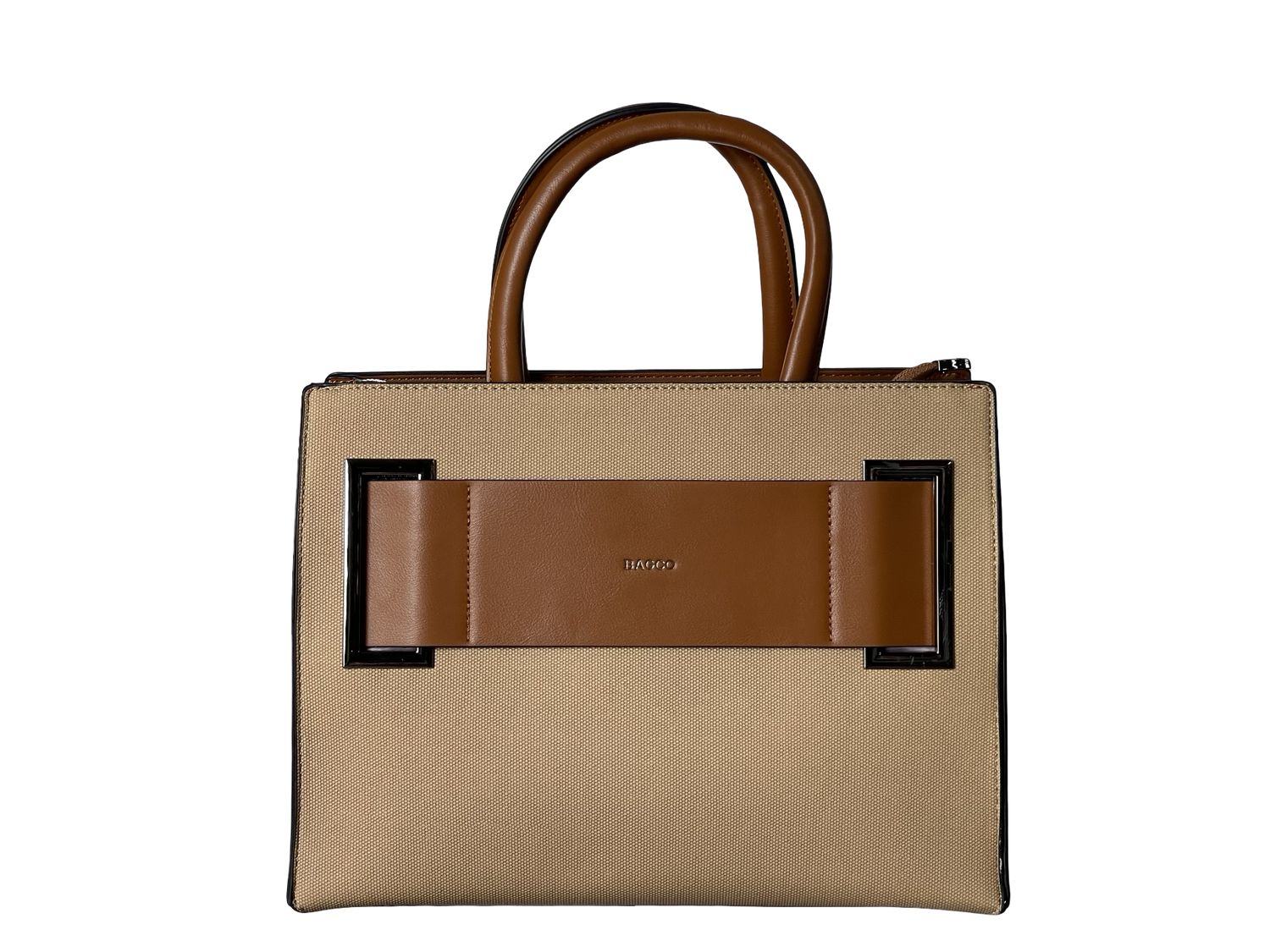 Elegant BAGCO Structured Beige Handbag with Statement Front Detail