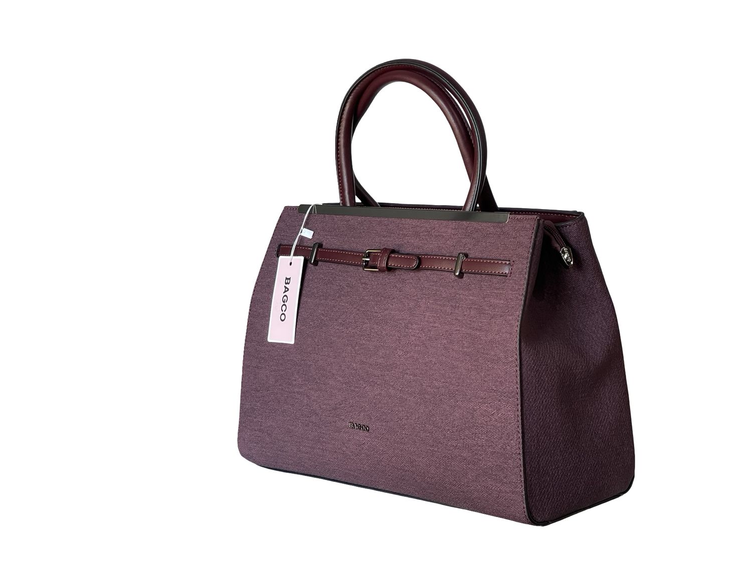 BAGCO Classic Burgundy Tote Handbag with Belt Detail