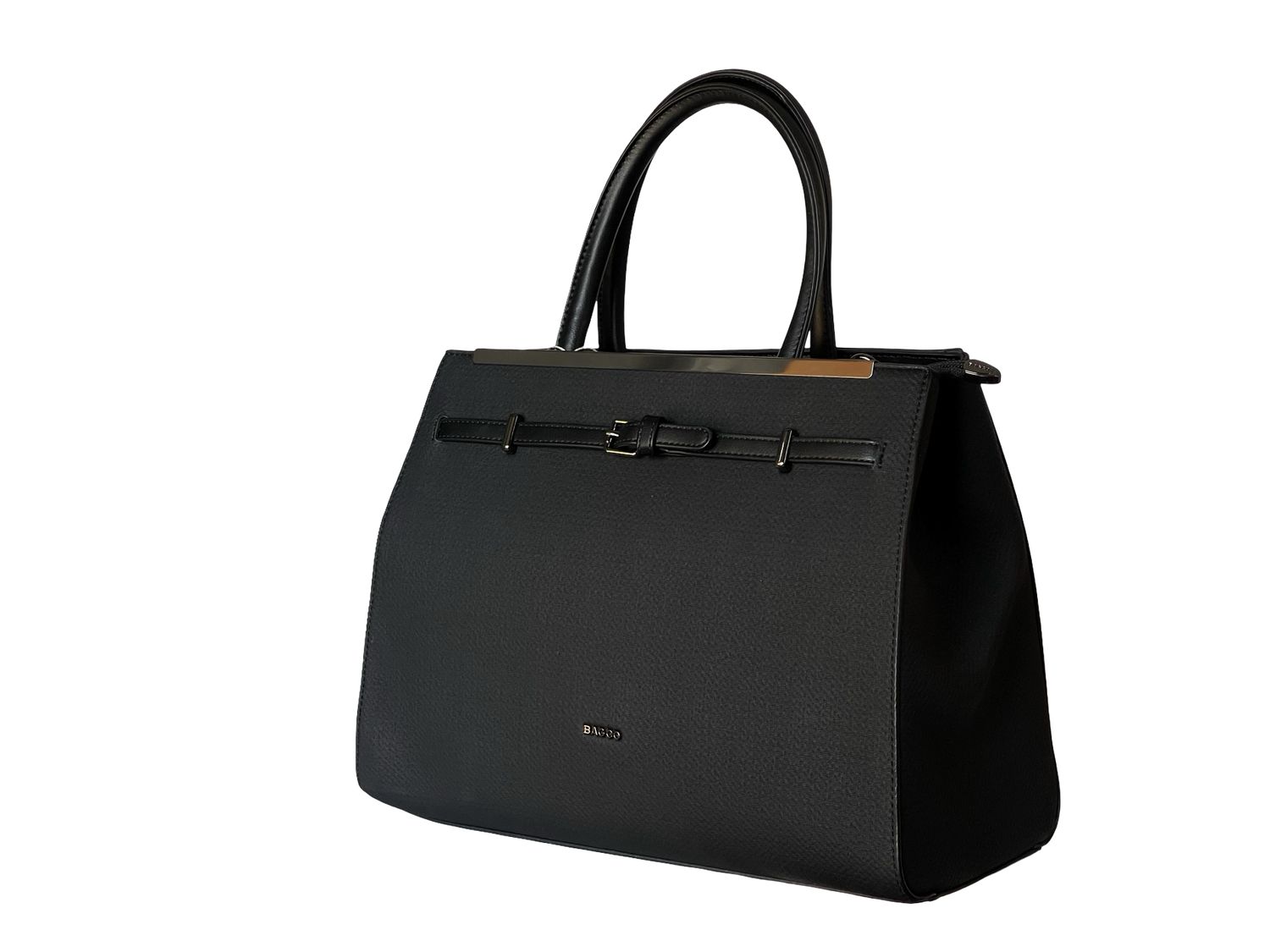 BAGCO Classic Black Tote Handbag with Belt Detail